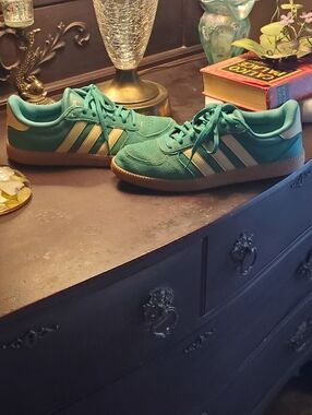 Adidas Teal Suede Sneakers with Cream Stripes and Gum Sole